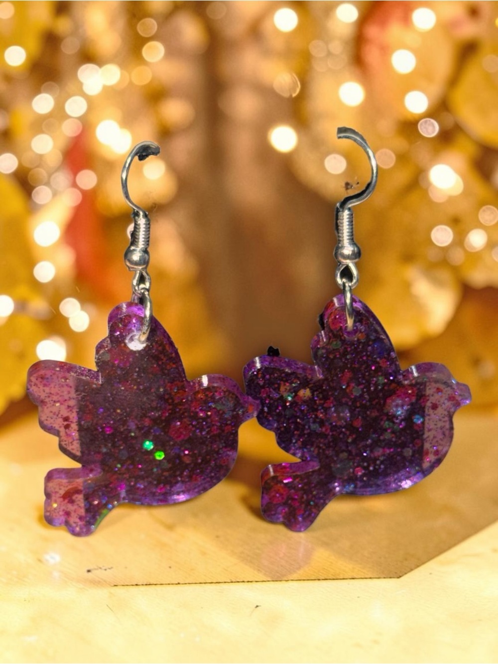Handmade Purple Glitter Bird Resin Dangle Earrings - Picture 4 of 4
